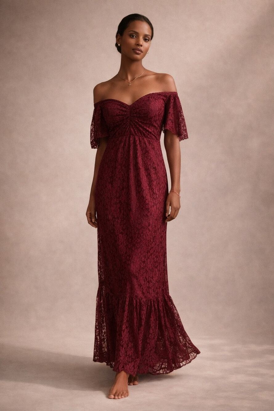 Burgundy Lace Cottagecore Cotton Maxi Dress Off Shoulder Whimsigoth Romantic S/M